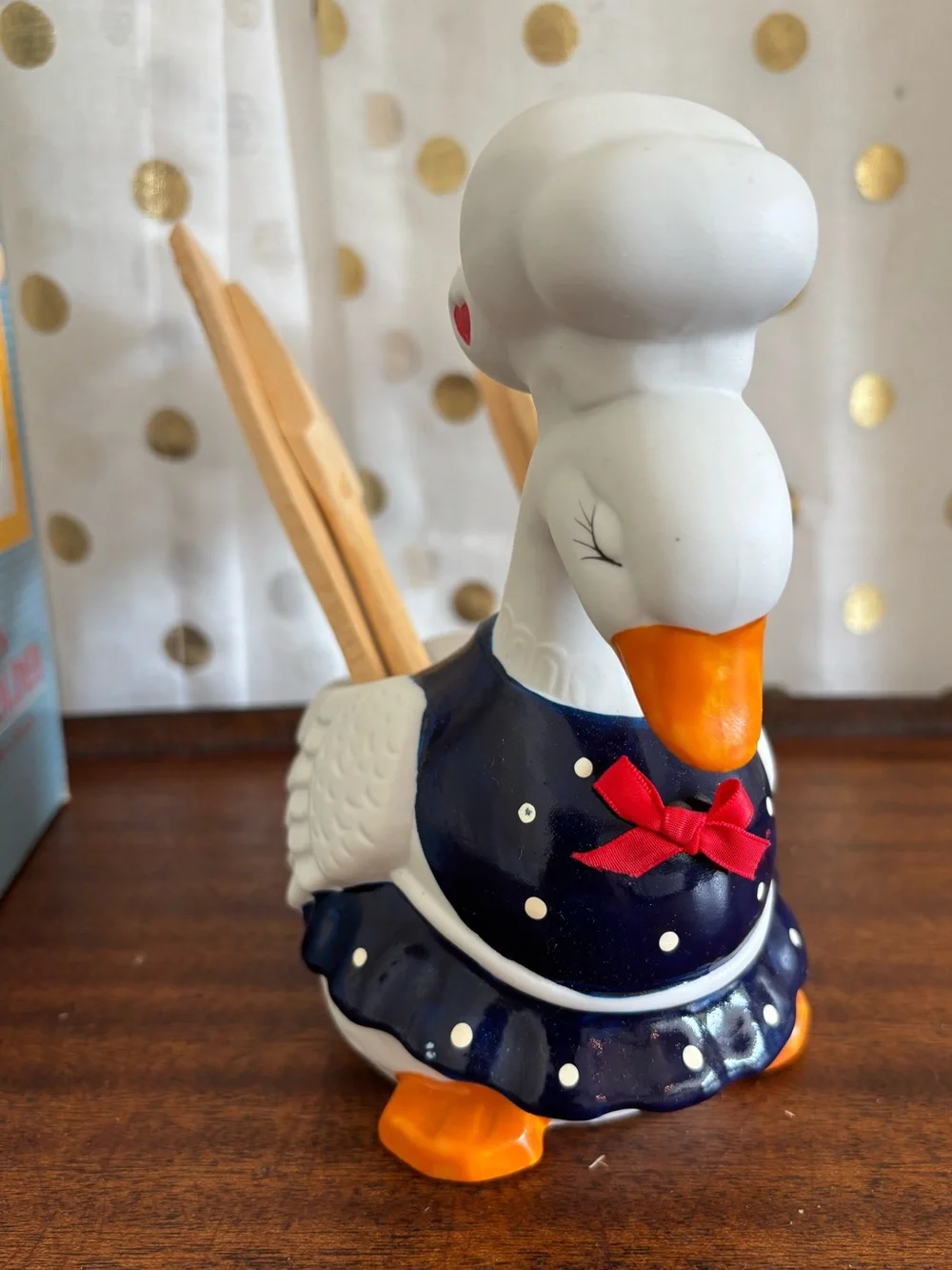 Vintage Giftco ceramic Goose Utensil/Potpourri Holder 80s NIB Polka Dots Hearts